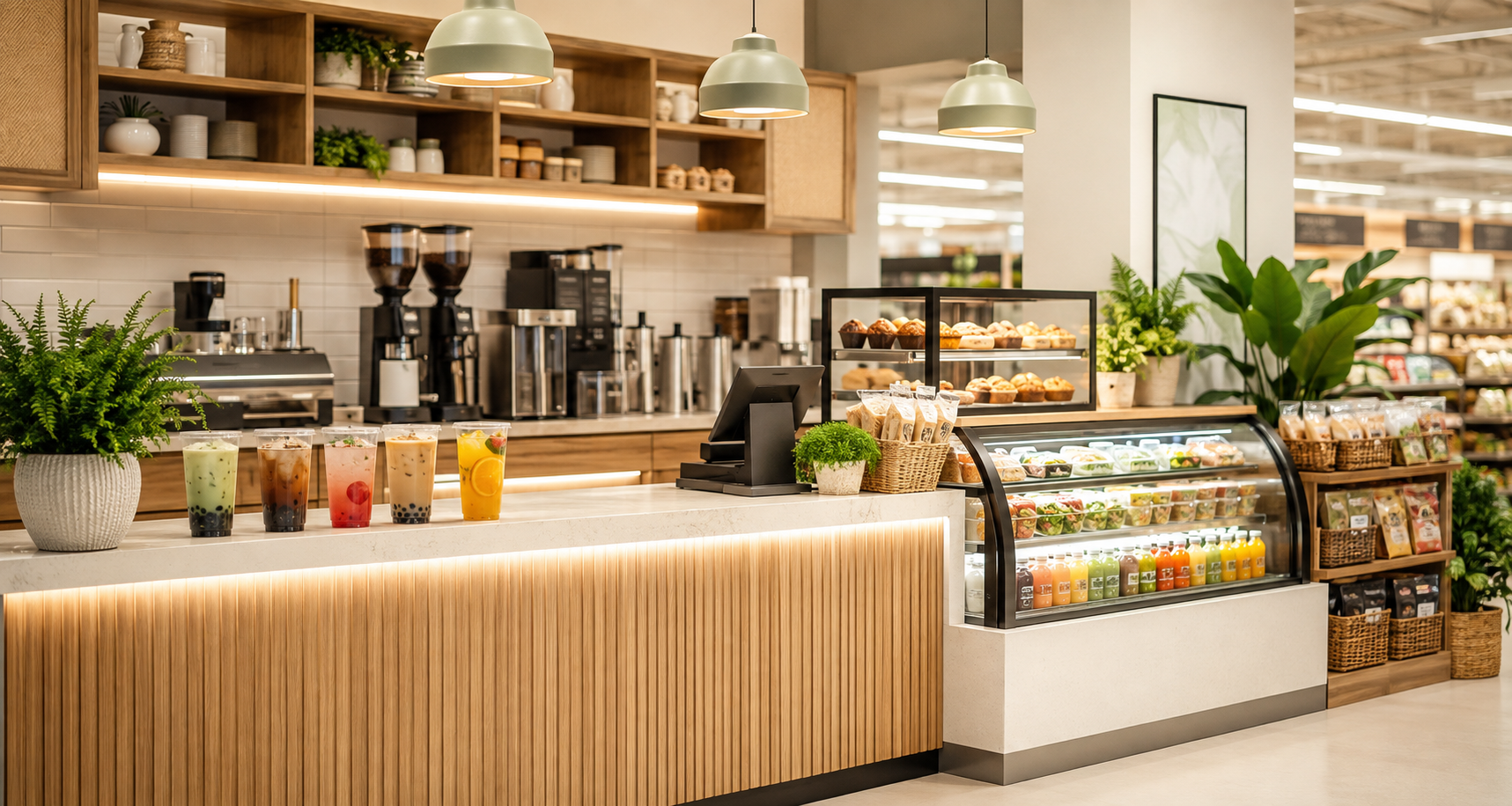 Modern specialty beverage cafe counter with coffee, boba tea, smoothies, pastries, and grab-and-go food.